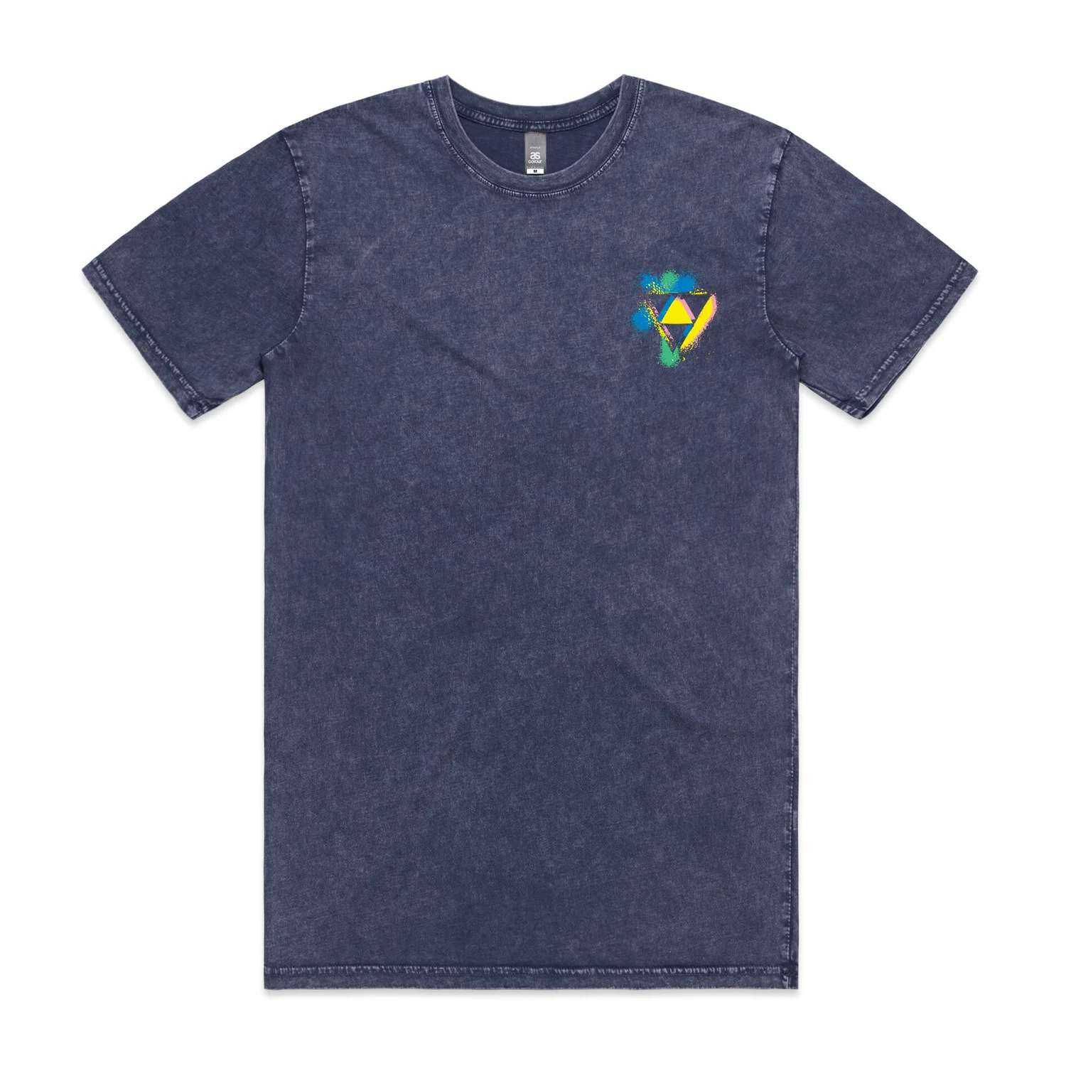Blue stone wash tee, front: triangle logo on the chest.